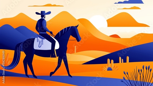 A cowboy riding a horse across a vibrant desert landscape at sunset. A cowboy on horseback traverses a colorful desert, silhouetted against the sunset sky, illustration.