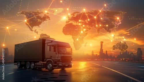 Freight truck driving through global logistics network at sunset