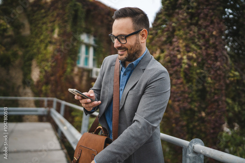 Adult man businessman stand on the terrace and use mobile phone