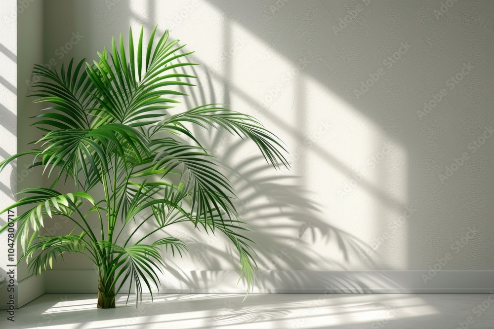 Green palm plant casting shadows on a modern minimalist wall Green palm plant casting shadows on a modern minimalist wall