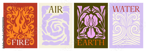 The concept of the four elements. Water, air, earth, fire. Set of flat vector illustrations