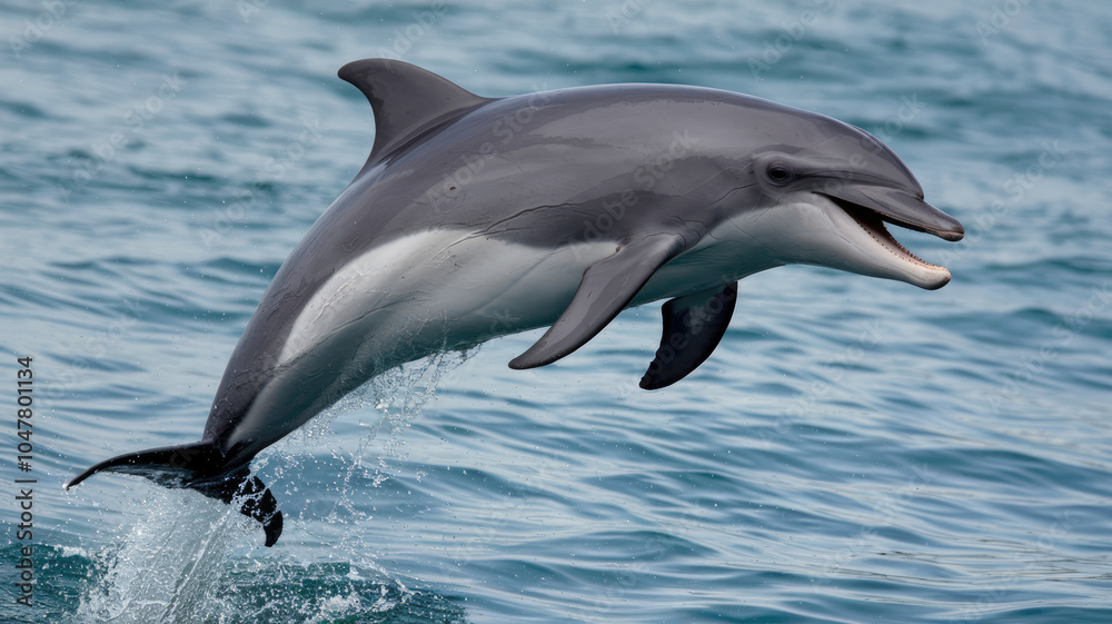 Naklejka premium A dolphin is leaping out of the water, its mouth open and teeth bared. The scene is lively and energetic, with the dolphin's playful demeanor and the dynamic motion of the water