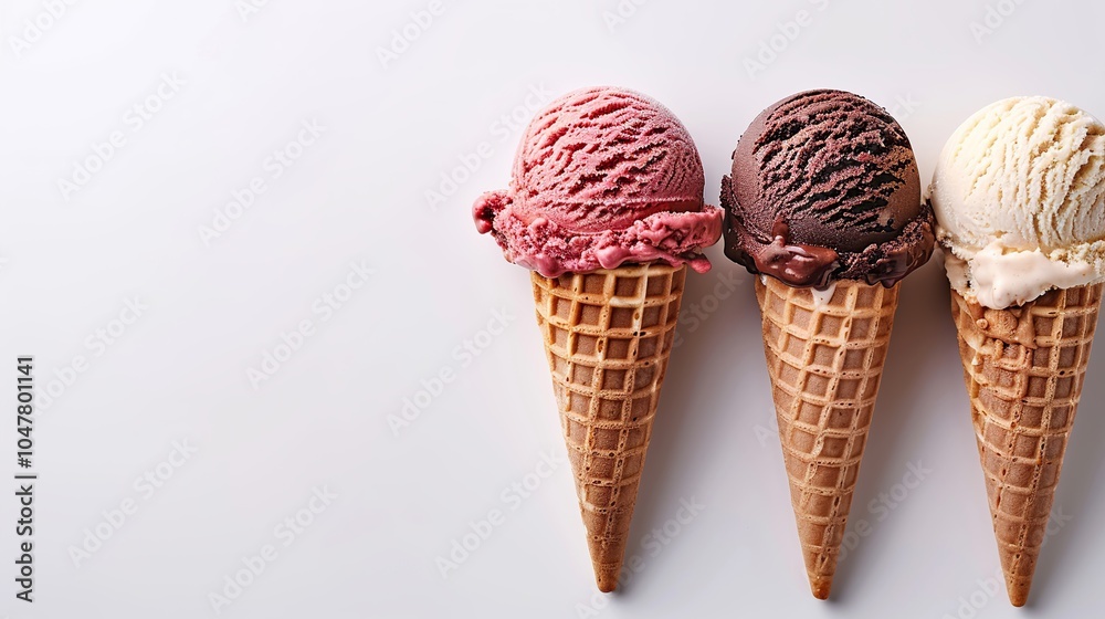 Three scoops of ice cream in waffle cones, strawberry, chocolate and vanilla on a white background. Three scoops of ice cream in waffle cones, strawberry, chocolate and vanilla on a white background.