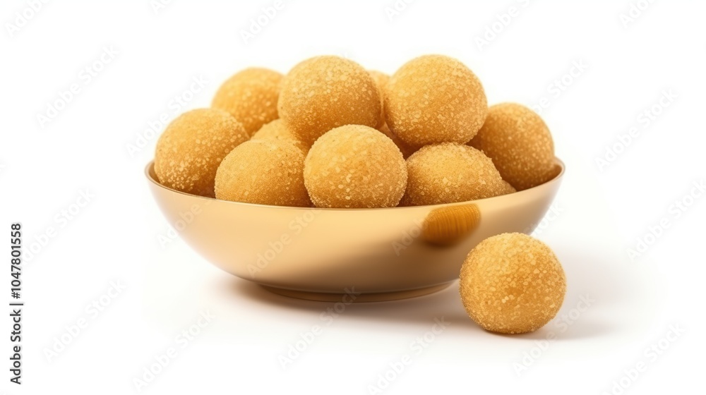 A bowl filled with golden, round, candy-coated treats. One treat is sitting in front of the bowl. A bowl filled with golden, round, candy-coated treats. One treat is sitting in front of the bowl.