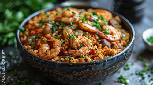 A bowl of shrimp jambalaya with rice, tomatoes, and spices.