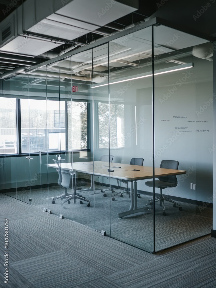 Fototapeta premium A modern conference room with glass walls, a wooden table, and six chairs.