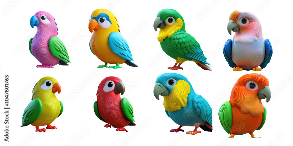 Obraz premium Colorful Cartoon Parrots in Various Poses, PNG collection, set bundle, isolate on transparent or white background