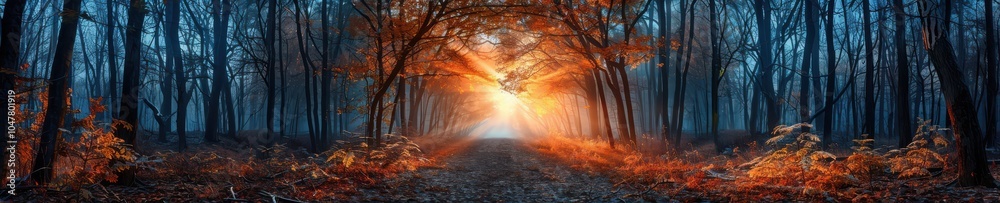Atmospheric autumn forest with a sunlit path covered in orange leaves, creating a magical setting. Free copy space for banner. Atmospheric autumn forest with a sunlit path covered in orange leaves, creating a magical setting. Free copy space for banner.