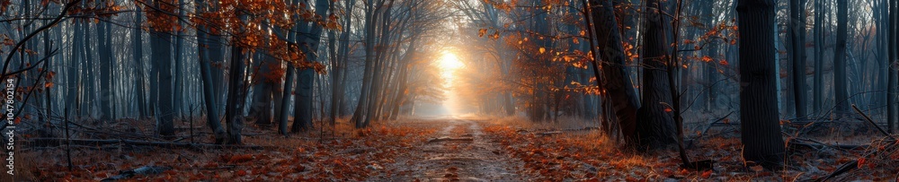 Atmospheric autumn forest with a sunlit path covered in orange leaves, creating a magical setting. Free copy space for banner. Atmospheric autumn forest with a sunlit path covered in orange leaves, creating a magical setting. Free copy space for banner.