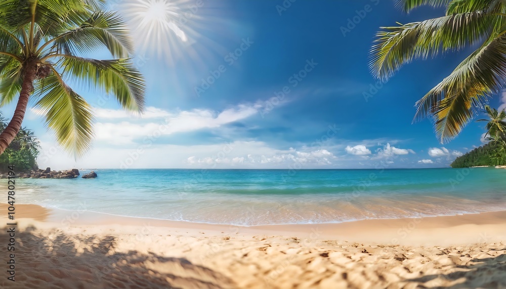 Fototapeta premium Enjoying a serene day on a tropical beach with golden sand and palm trees under a bright sunny sky. Generative AI