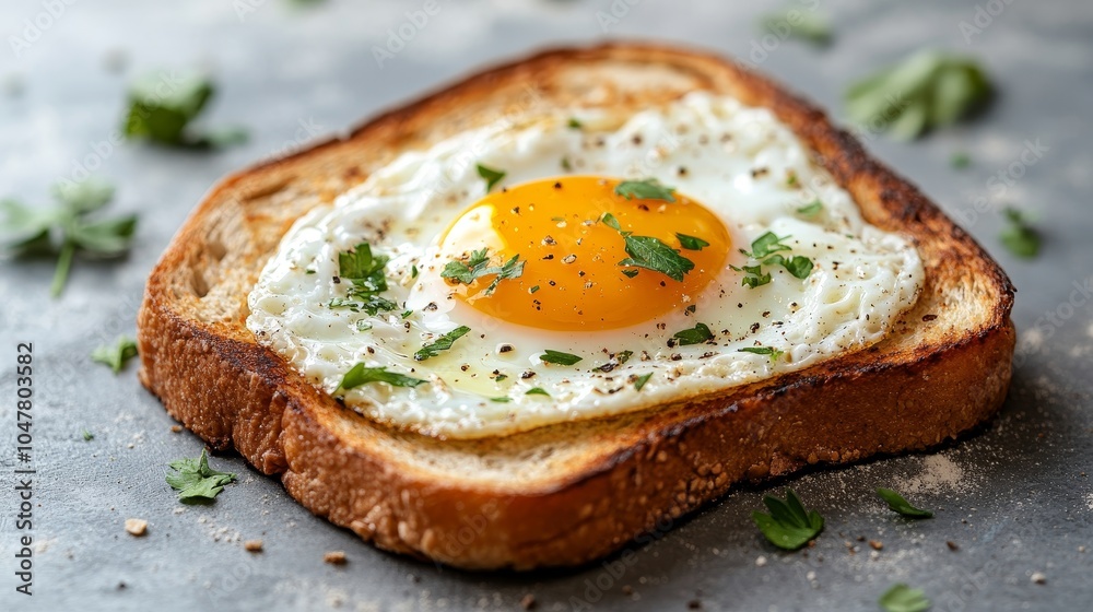 Delicious fried egg served on golden-brown toast, garnished with fresh herbs. Perfect breakfast or brunch option for a nutritious meal. Delicious fried egg served on golden-brown toast, garnished with fresh herbs. Perfect breakfast or brunch option for a nutritious meal.