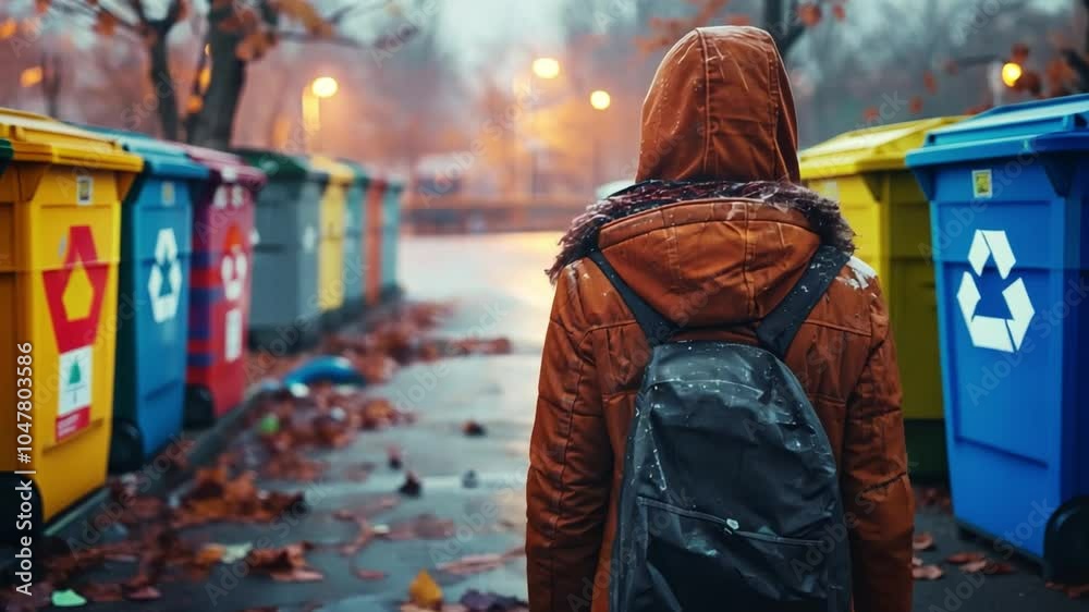 A person wearing a brown jacket and carrying a backpack strolls along a path lined with vibrant recycling bins, surrounded by autumn leaves, on a wet day. A person wearing a brown jacket and carrying a backpack strolls along a path lined with vibrant recycling bins, surrounded by autumn leaves, on a wet day.