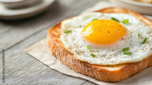 Delicious fried egg on toast garnished with green onions, served on a rustic wooden table. Perfect for breakfast or brunch lovers.