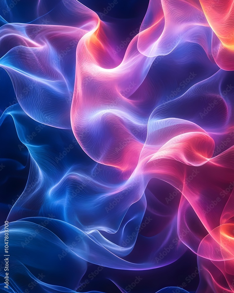 Obraz premium An abstract design featuring fluid waves of light in vibrant shades of pink, blue, and purple, creating a sense of movement and depth against a dark backdrop.