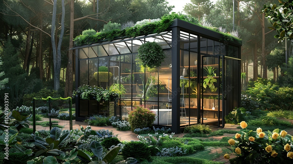A Modern Glass Greenhouse in a Lush Forest Setting A Modern Glass Greenhouse in a Lush Forest Setting