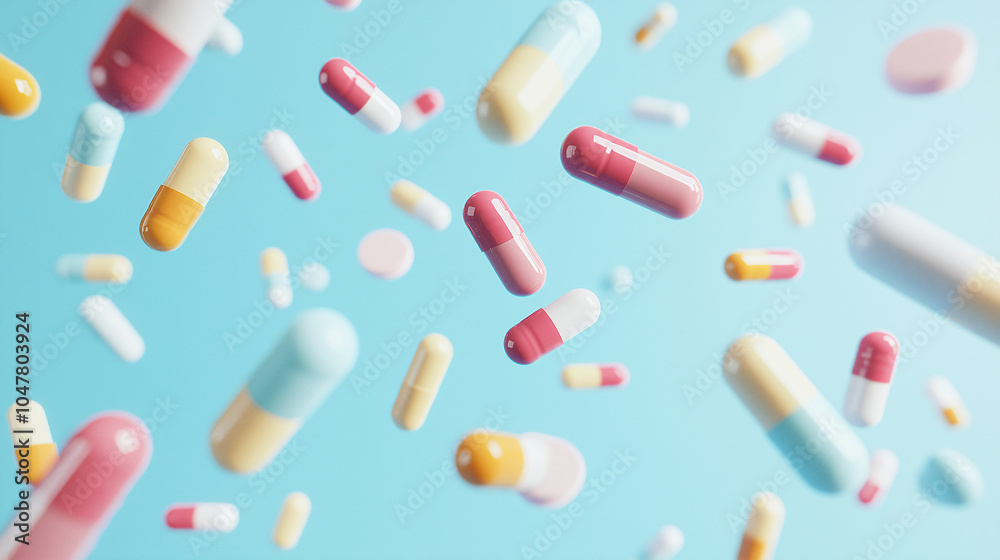 Colorful capsules float against soft blue background, creating vibrant and dynamic scene. various shapes and colors evoke sense of health and wellness, perfect for medical or pharmaceutical themes Colorful capsules float against soft blue background, creating vibrant and dynamic scene. various shapes and colors evoke sense of health and wellness, perfect for medical or pharmaceutical themes