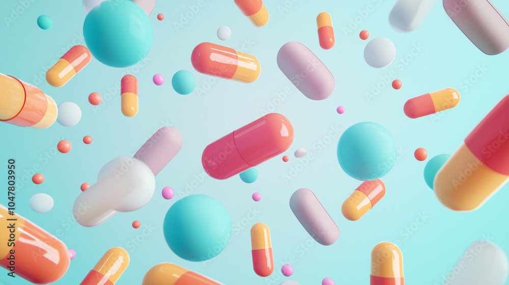 Floating capsules and colorful pills create vibrant 3D background, evoking sense of health and wellness. dynamic arrangement of shapes and colors adds playful touch to scene