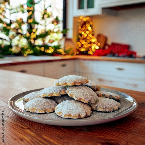 Heidesand cookies on a rustic table, sunlit kitchen, festive decor, cozy Christmas vibes. photo