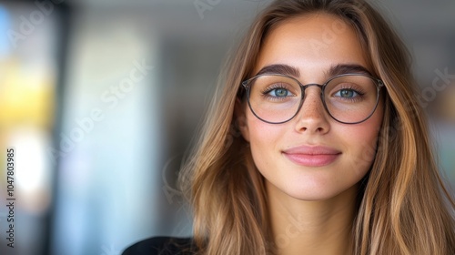 Wallpaper Mural A young woman with brown hair and clear glasses smiles confidently. She is in an indoor setting, exuding a mix of serenity and self-assurance amid soft lighting. Torontodigital.ca