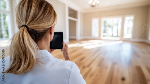 A woman captures a photo of a sunlit, spacious room from behind, as light pours through large windows, highlighting the sleek design and tranquil ambiance.