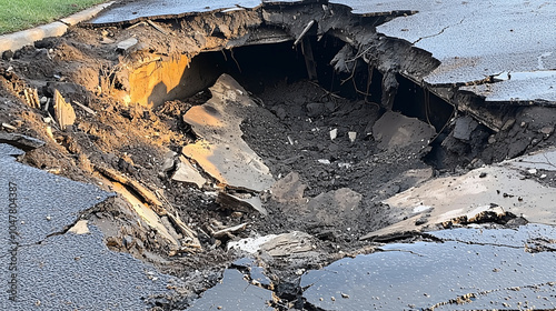 A close up of sinkhole that has swallowed part of road, revealing exposed soil and debris. scene evokes sense of urgency and concern for safety photo