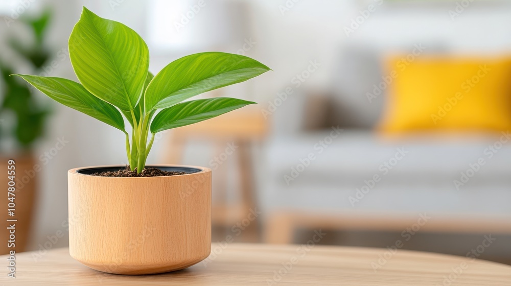 A minimalist decor features a small green plant in a simple wooden pot, placed on a tabletop, promoting a sense of tranquility and modern elegance. A minimalist decor features a small green plant in a simple wooden pot, placed on a tabletop, promoting a sense of tranquility and modern elegance.