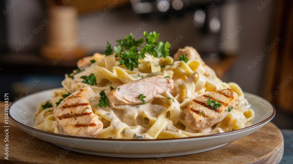 A plate of pasta with chicken and parsley on top. The dish looks delicious and appetizing A plate of pasta with chicken and parsley on top. The dish looks delicious and appetizing
