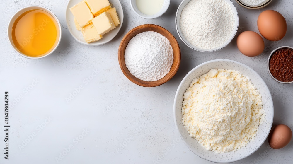An assortment of essential baking ingredients such as butter, eggs, flour, and milk, meticulously arranged on a surface, embodying culinary readiness and precision. An assortment of essential baking ingredients such as butter, eggs, flour, and milk, meticulously arranged on a surface, embodying culinary readiness and precision.