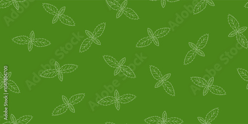 Seamless pattern with fresh mint leaves outline on green background, vector