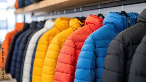 A neatly arranged row of puffer jackets in various colors hanging in a retail store, highlighting a winter collection with diverse and stylish options for customers. photo