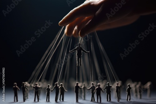 Controlling Hand Above Shadowy Figures Depicting Manipulation and Power Dynamics photo