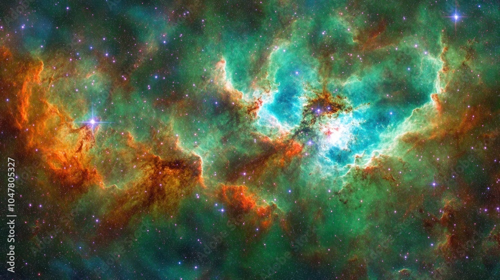 Obraz premium A vibrant nebula in space with bright stars and glowing gas clouds.