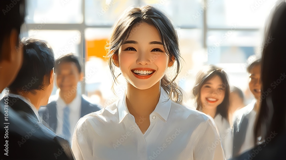 A young Asian woman leading a multicultural team, everyone laughing, soft natural lighting, digital painting, high detail, modern corporate style A young Asian woman leading a multicultural team, everyone laughing, soft natural lighting, digital painting, high detail, modern corporate style