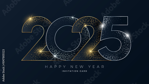 Elegant 2025 New Year invitation card design with glittering gold and silver numbers on dark background