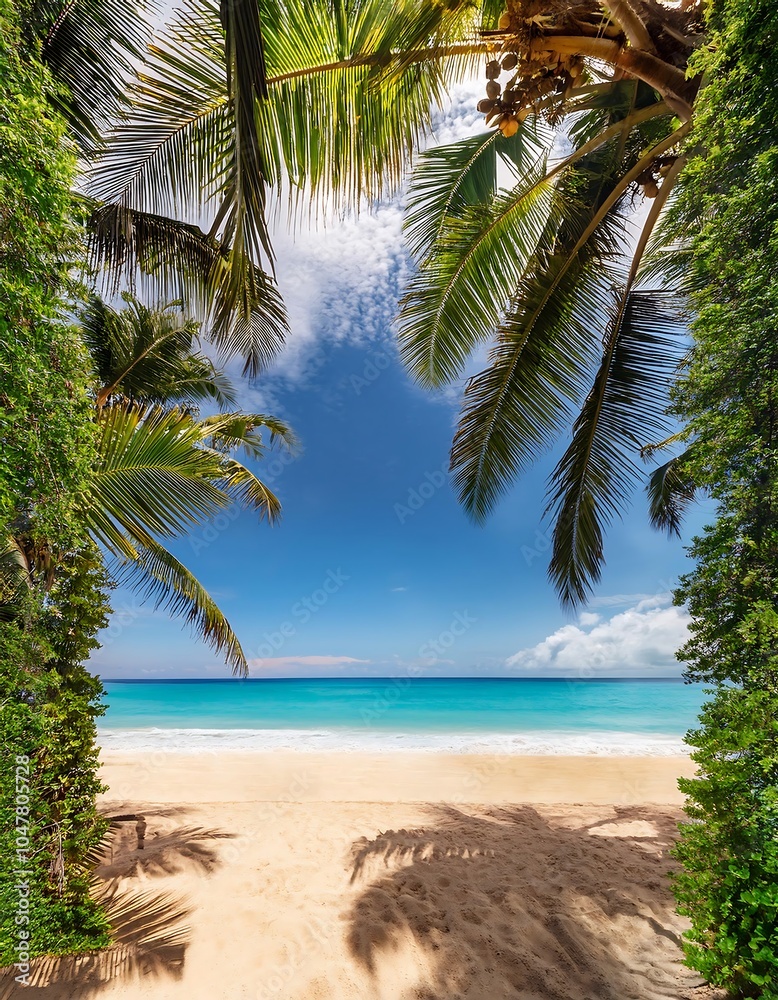 Fototapeta premium A breathtaking sandy beach framed by palm trees and a sparkling turquoise sea under a clear blue sky. Generative AI