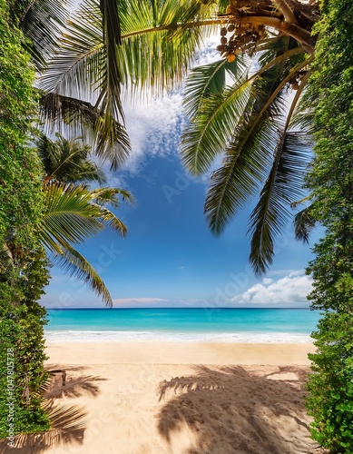 A breathtaking sandy beach framed by palm trees and a sparkling turquoise sea under a clear blue sky. Generative AI