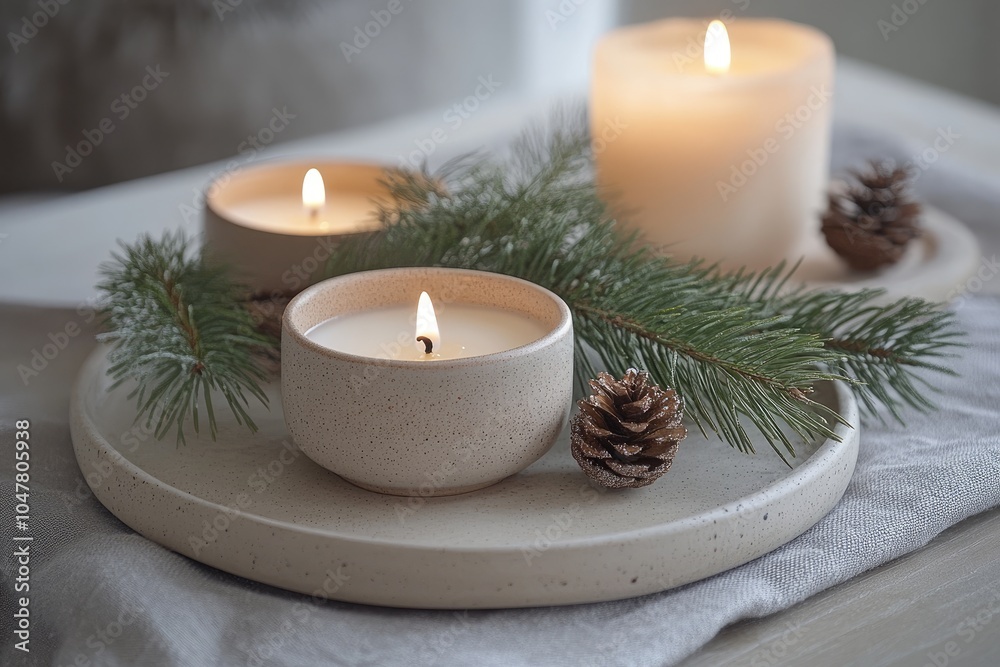 Cozy Candlelit Winter Decor with Pine Branches and Pinecones for a Relaxing Ambiance Cozy Candlelit Winter Decor with Pine Branches and Pinecones for a Relaxing Ambiance