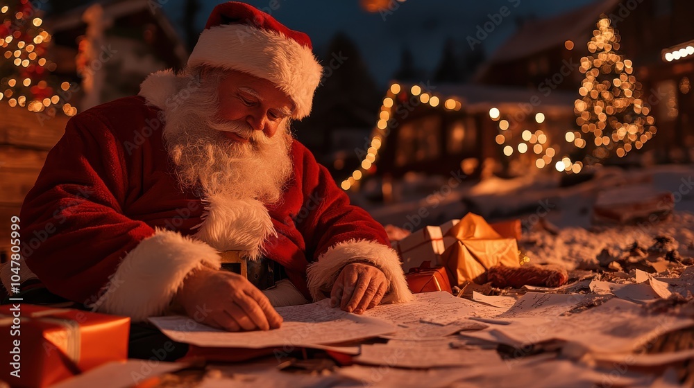 Fototapeta premium Santa Claus peruses a list and checks it twice while outside in the snow, surrounded by glowing lights and wrapped presents, capturing the essence of Christmas spirit.