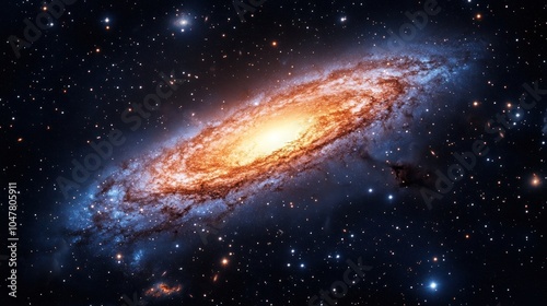 A vibrant spiral galaxy with a bright core, surrounded by a vast expanse of stars.