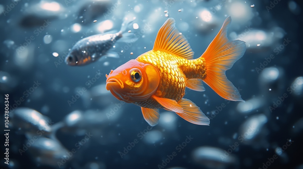A golden fish, full of life, glides effortlessly through a sea of dull silver fish, standing out with its vibrant hue and graceful motion A golden fish, full of life, glides effortlessly through a sea of dull silver fish, standing out with its vibrant hue and graceful motion