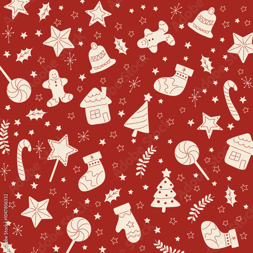 Christmas tree, glove, house, warm, holidays card, red, blue, stars pattern for gift wrap 
