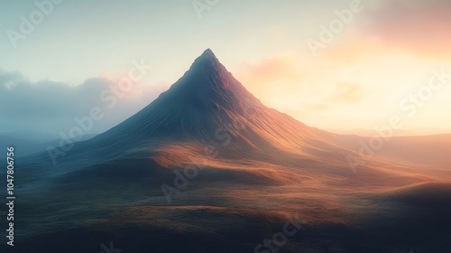 A lone mountain peak catching the last light of day, towering above shadowed hills in a serene landscape, highlighting nature's beauty
