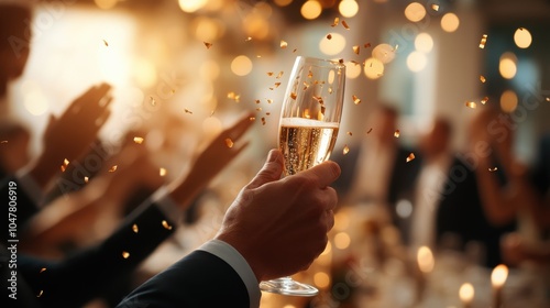 A person in formal attire holds a champagne glass surrounded by warm lights and festive decorations, creating an elegant and celebratory ambiance. photo