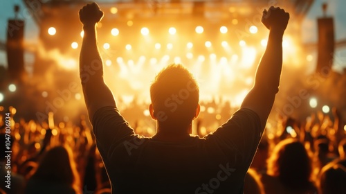 A person in the foreground with arms raised amidst a large concert crowd, bathed in warm, bright lights emanating from the stage above, capturing excitement and energy. photo