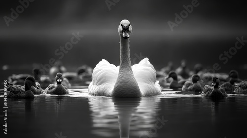 A majestic swan swimming through a pond of ordinary ducks, effortlessly standing out with its grace and elegance photo