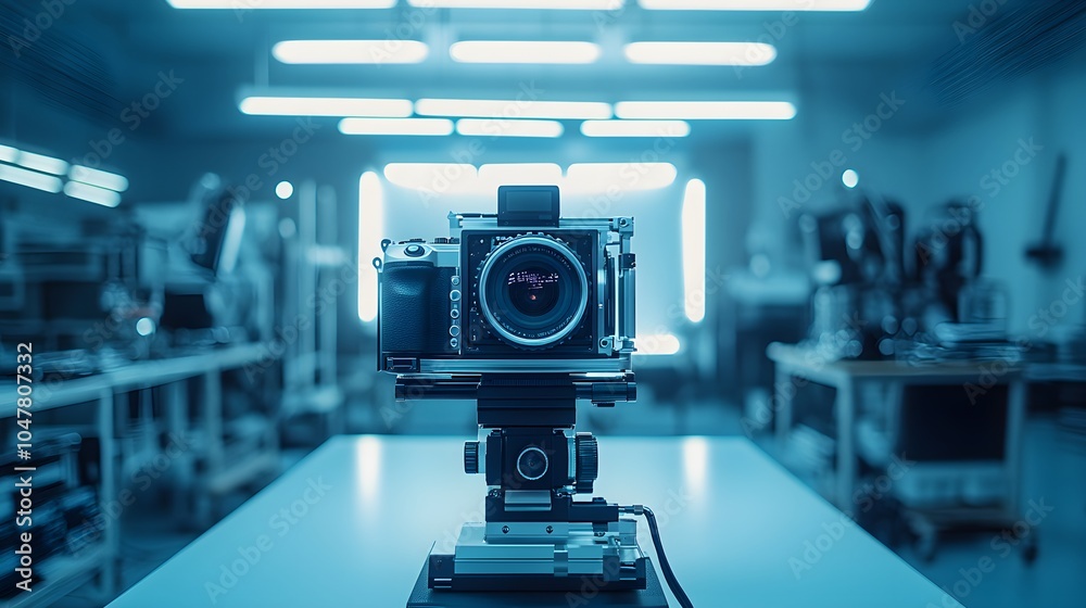 Modern photography studio gear close-up, with focus on DSLR and LED panels, clean and minimalistic workspace Modern photography studio gear close-up, with focus on DSLR and LED panels, clean and minimalistic workspace