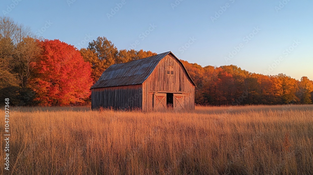 Obraz premium a barn in an autumn landscape