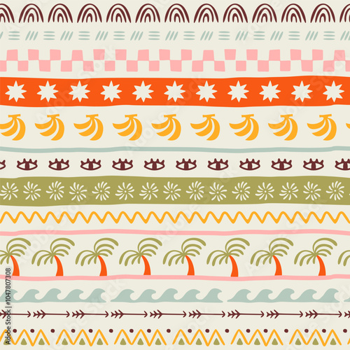 Retro hand drawn tropical summer seamless pattern. Traditional geometric tapestry style background illustration. Vintage exotic nature textile print, jungle palm tree texture.