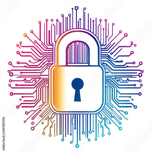 Vector illustration of digital security, a lock symbol with a circuit board pattern in the background on a white background
