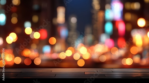 A sophisticated setting showcasing a wooden table as the foreground with sparkling city lights in the background, highlighting the contrast between nature and urban life.